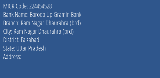 Baroda Up Gramin Bank Ram Nagar Dhaurahra Brd Branch Address Details and MICR Code 224454528