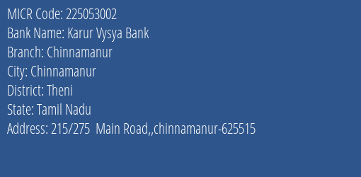 Karur Vysya Bank Chinnamanur MICR Code