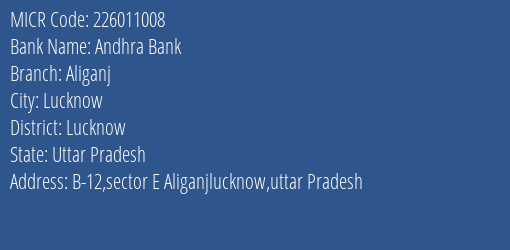 Andhra Bank Aliganj MICR Code