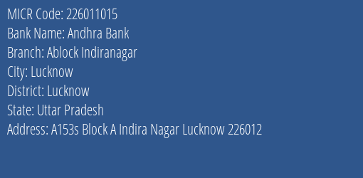 Andhra Bank Ablock Indiranagar MICR Code