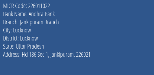 Andhra Bank Jankipuram Branch MICR Code