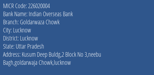 Indian Overseas Bank Goldarwaza Chowk MICR Code