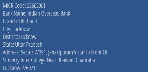 Indian Overseas Bank Bhithauli MICR Code