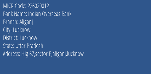 Indian Overseas Bank Aliganj MICR Code