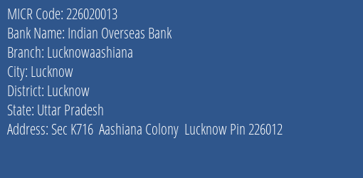 Indian Overseas Bank Lucknowaashiana MICR Code