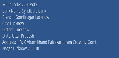 Syndicate Bank Gomtinagar Lucknow MICR Code
