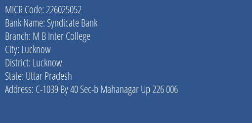 Syndicate Bank M B Inter College MICR Code