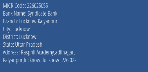 Syndicate Bank Lucknow Kalyanpur MICR Code