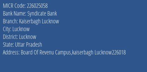 Syndicate Bank Kaiserbagh Lucknow MICR Code