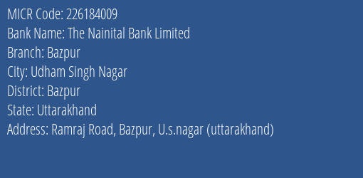 The Nainital Bank Limited Bazpur MICR Code