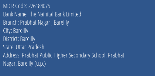 The Nainital Bank Limited Prabhat Nagar Bareilly MICR Code