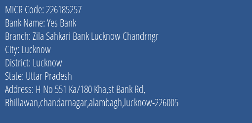 Zila Sahkari Bank Lucknow Chandrngr Branch Address Details and MICR Code 226185257