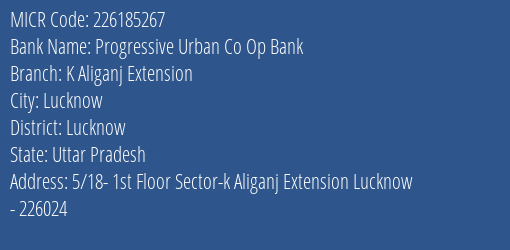 Progressive Urban Co Op Bank K Aliganj Extension MICR Code