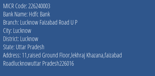 Hdfc Bank Lucknow Faizabad Road U P MICR Code