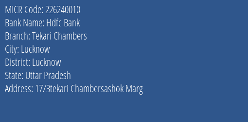 Hdfc Bank Tekari Chambers MICR Code