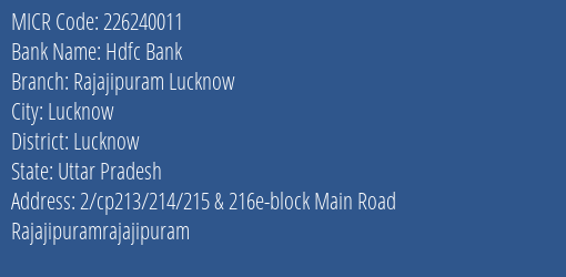 Hdfc Bank Rajajipuram Lucknow MICR Code