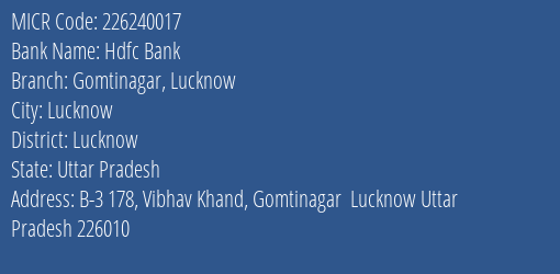 Hdfc Bank Gomtinagar Lucknow MICR Code