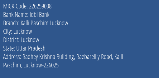Idbi Bank Kalli Paschim Lucknow MICR Code