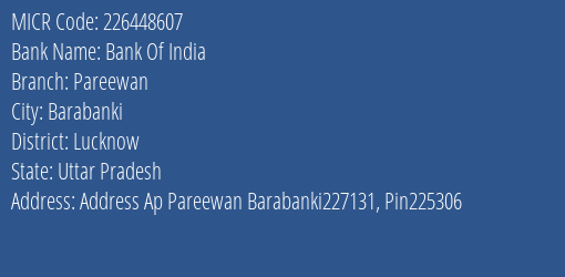 Bank Of India Pareewan Branch Address Details and MICR Code 226448607