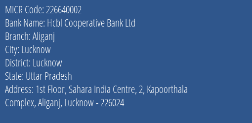 Hcbl Cooperative Bank Ltd Aliganj MICR Code
