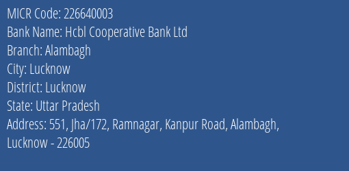 Hcbl Cooperative Bank Ltd Alambagh MICR Code