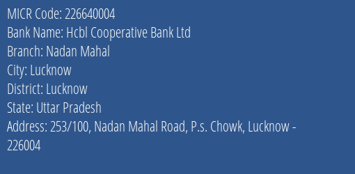 Hcbl Cooperative Bank Ltd Nadan Mahal MICR Code