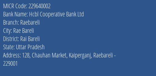 Hcbl Cooperative Bank Ltd Raebareli MICR Code