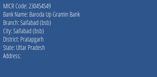 Baroda Up Gramin Bank Saifabad Bsb Branch Address Details and MICR Code 230454549