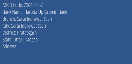 Baroda Up Gramin Bank Sarai Indrawat Bsi Branch Address Details and MICR Code 230454557