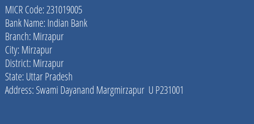 Indian Bank Mirzapur MICR Code