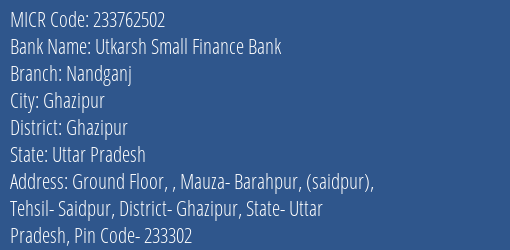 Utkarsh Small Finance Bank Nandganj MICR Code