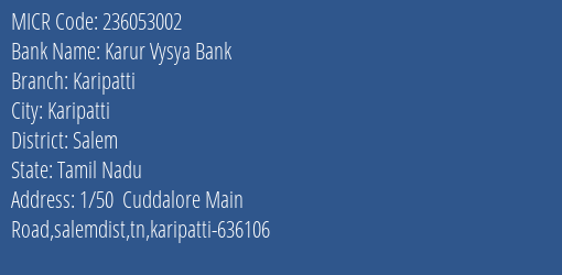 Karur Vysya Bank Karipatti MICR Code