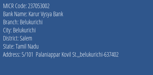 Karur Vysya Bank Belukurichi MICR Code