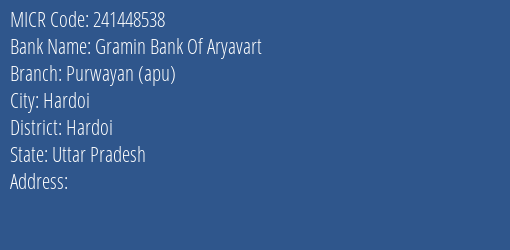 Gramin Bank Of Aryavart Purwayan (apu) Branch Address Details and MICR Code 241448538