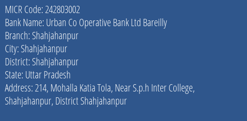 Urban Co Operative Bank Ltd Bareilly Shahjahanpur MICR Code