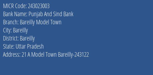 Punjab And Sind Bank Bareilly Model Town MICR Code