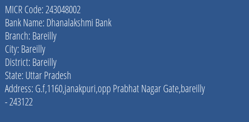 Dhanalakshmi Bank Bareilly MICR Code