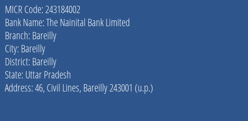 The Nainital Bank Limited Bareilly MICR Code