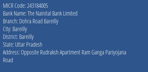 The Nainital Bank Limited Dohra Road Bareilly MICR Code