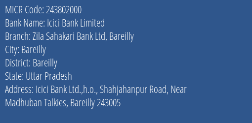 Zila Sahakari Bank Ltd Bareilly Shahjahanpur Road MICR Code