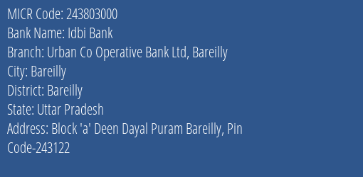 Urban Co Operative Bank Ltd Bareilly Deen Dayal Puram MICR Code