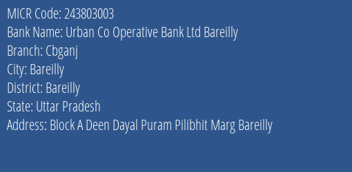 Urban Co Operative Bank Ltd Bareilly Cbganj MICR Code