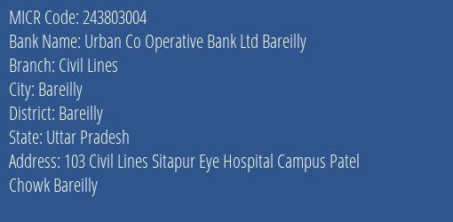 Urban Co Operative Bank Ltd Bareilly Civil Lines MICR Code