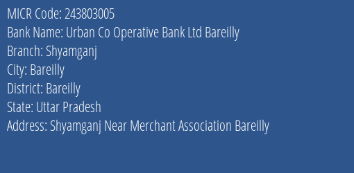 Urban Co Operative Bank Ltd Bareilly Shyamganj MICR Code