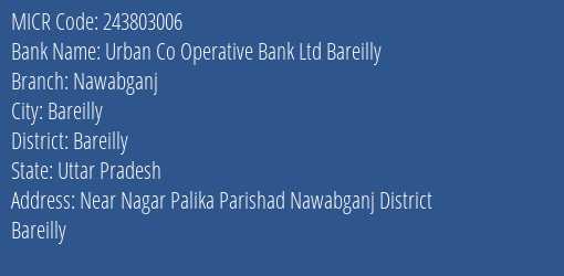 Urban Co Operative Bank Ltd Bareilly Nawabganj MICR Code