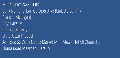 Urban Co Operative Bank Ltd Bareilly Meerganj MICR Code