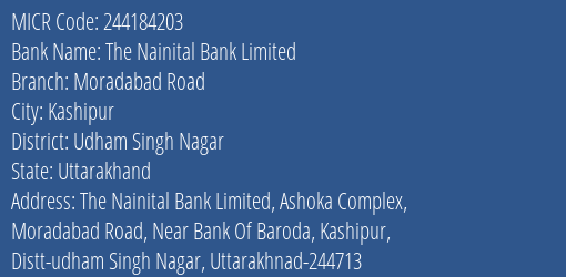 The Nainital Bank Limited Moradabad Road MICR Code