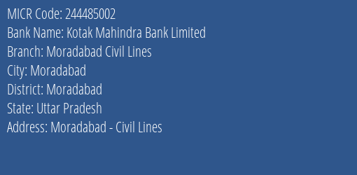 Kotak Mahindra Bank Limited Moradabad Civil Lines MICR Code