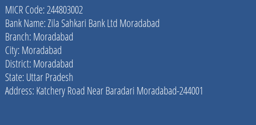 Zila Sahkari Bank Ltd Moradabad Moradabad MICR Code