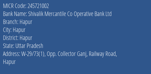 Shivalik Mercantile Co Operative Bank Ltd Hapur MICR Code